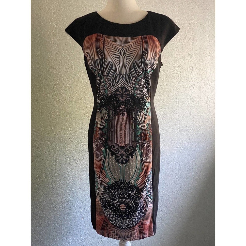 London Times Black, Teal & Coral Zip Sheath Sleeveless Shift Midi Dress 14